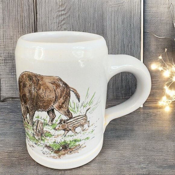 Vintage West Germany Stoneware Pottery Large Coffee Mug Cup Wild Board Scene VTG - Picture 1 of 15